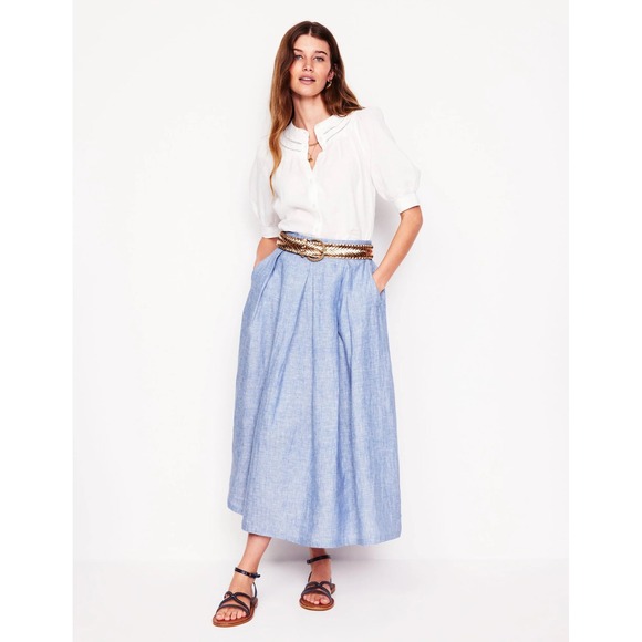 Boden Dresses & Skirts - Boden Verity Linen Midi Skirt-Grey Blue Chambray Pleated Pockets 16/18